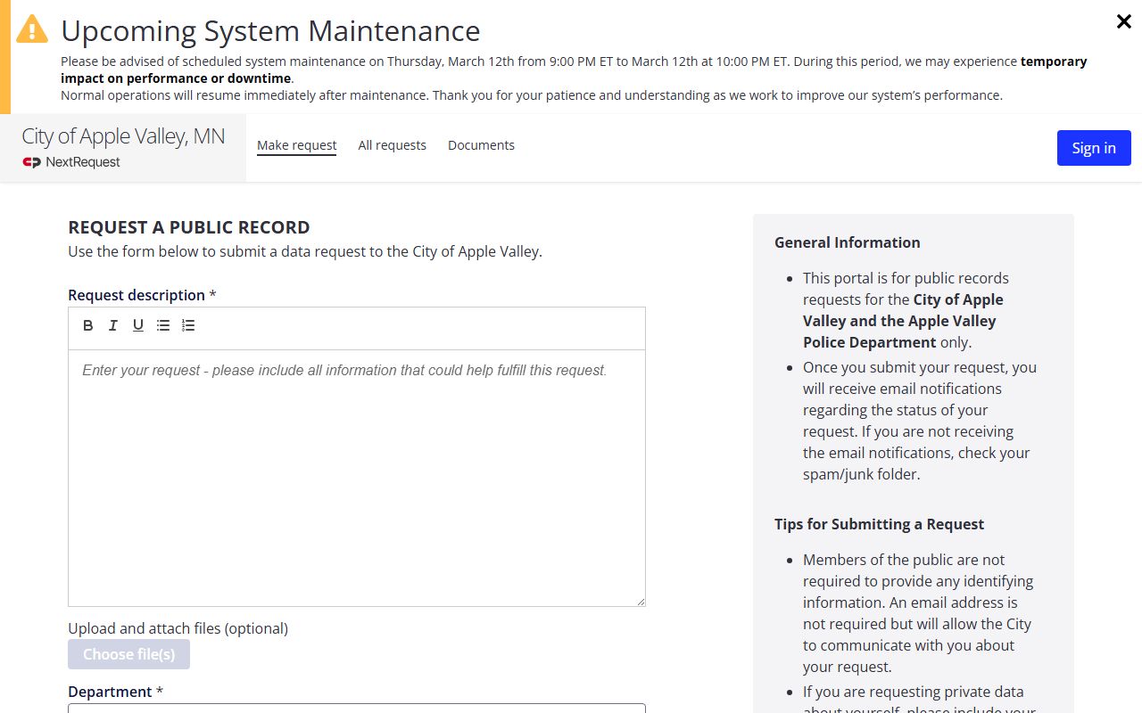 Apple Valley court records public records request portal