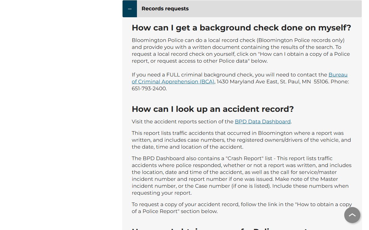 Bloomington court records police records requests page