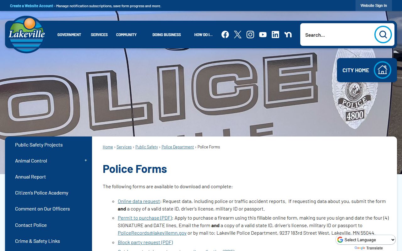 Lakeville Police Department police forms page for data requests