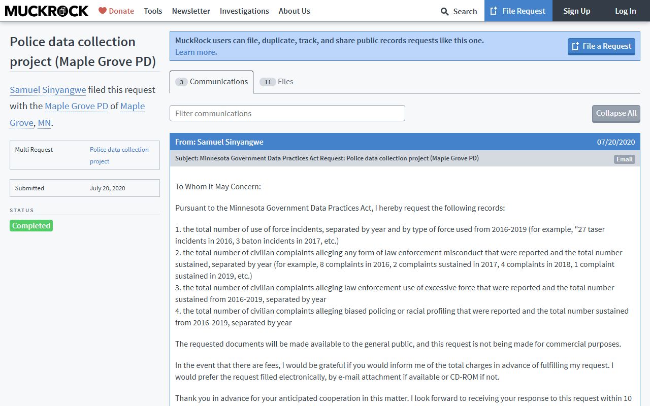 Maple Grove police department public records data request documentation