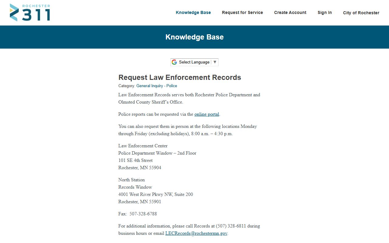 Rochester court records law enforcement records request page