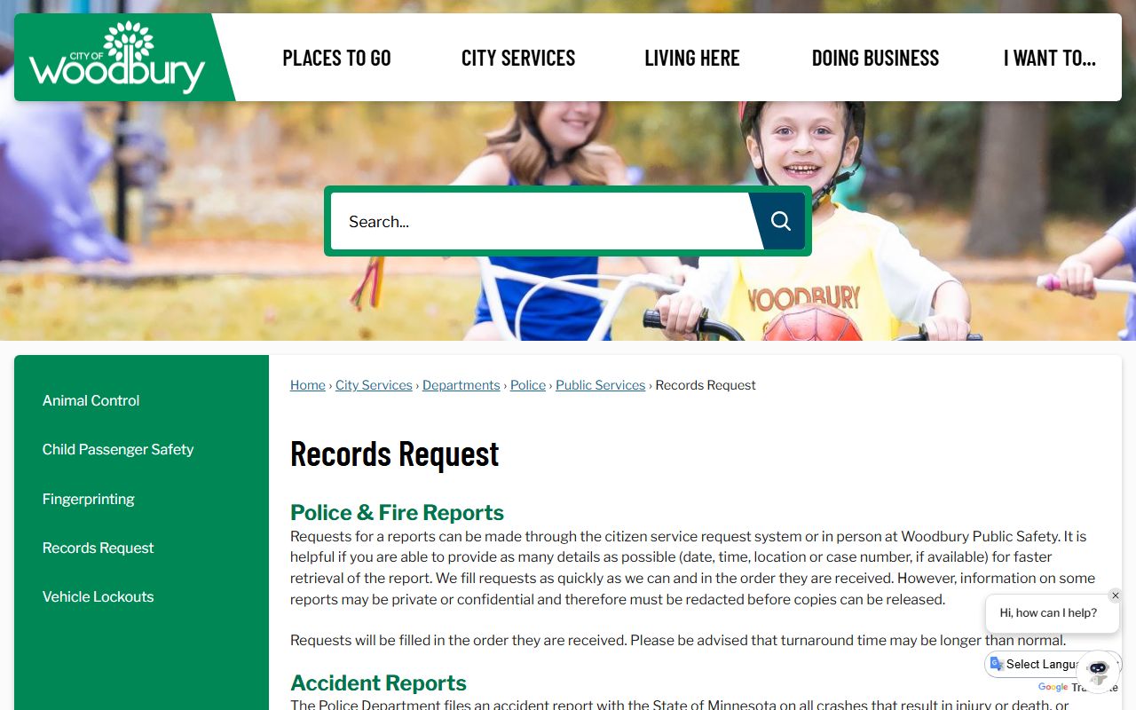 Woodbury city records request page for police and fire reports