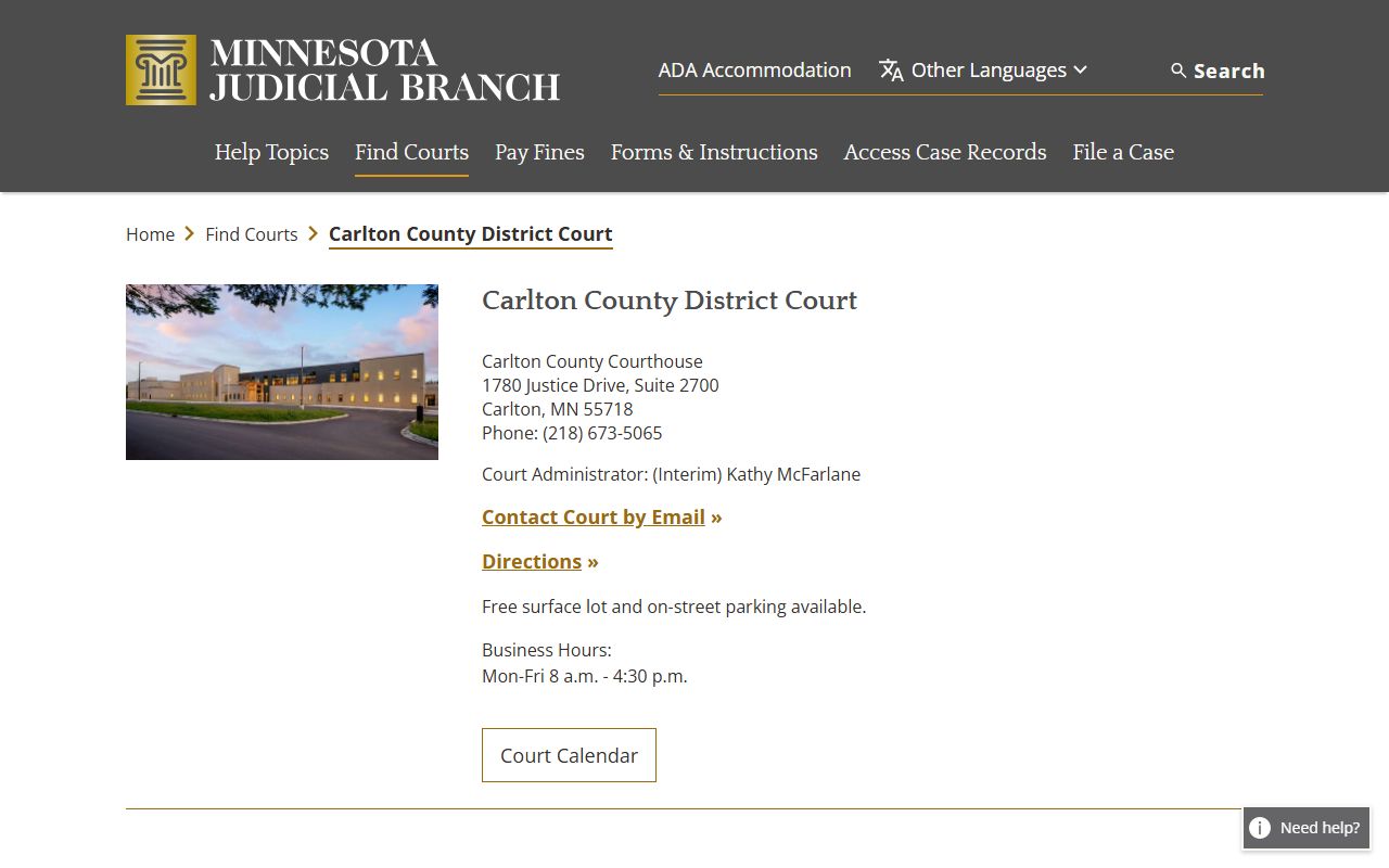 Carlton County District Court website showing court records access and contact information