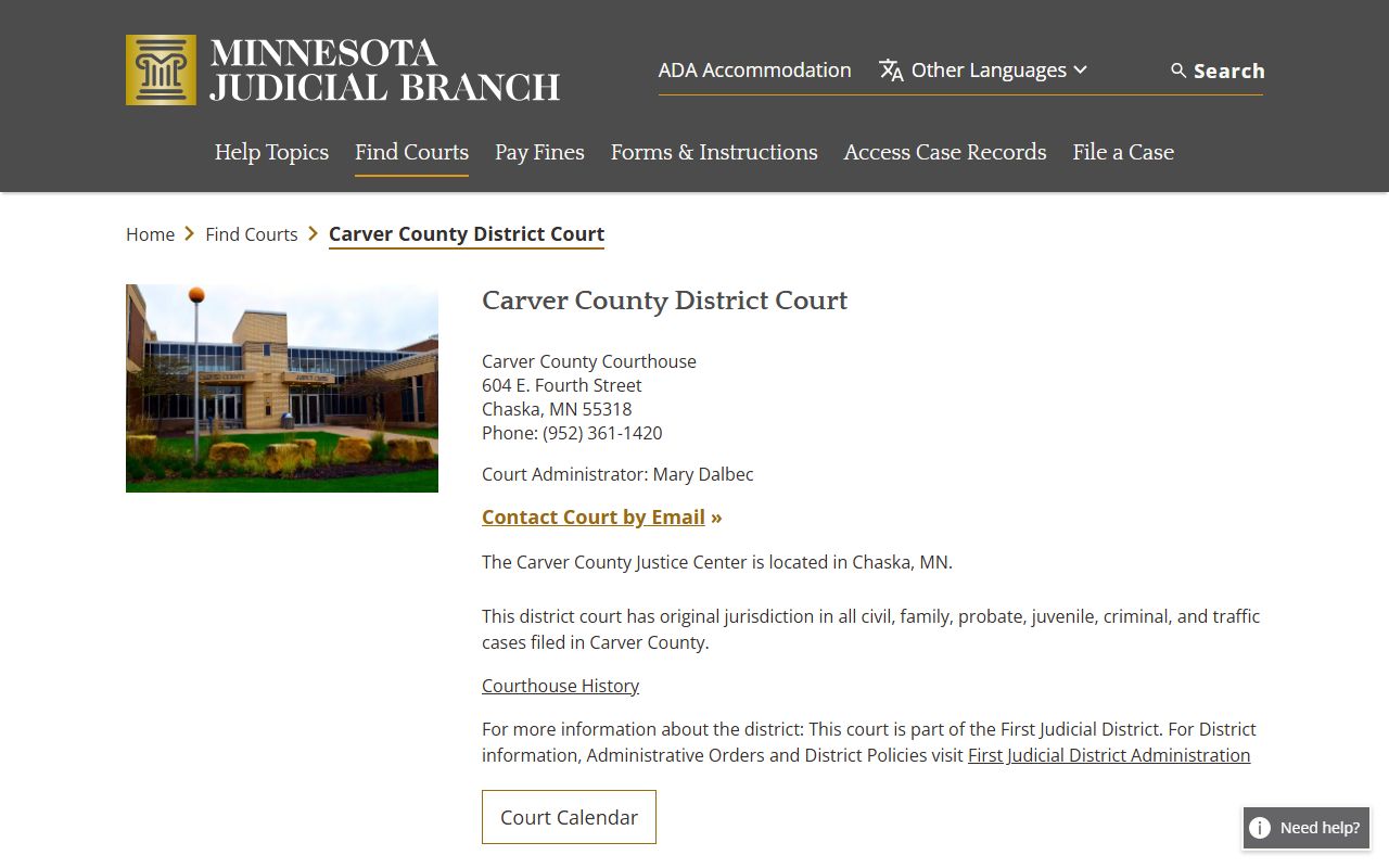 Carver County District Court website showing court records access and courthouse information in Chaska