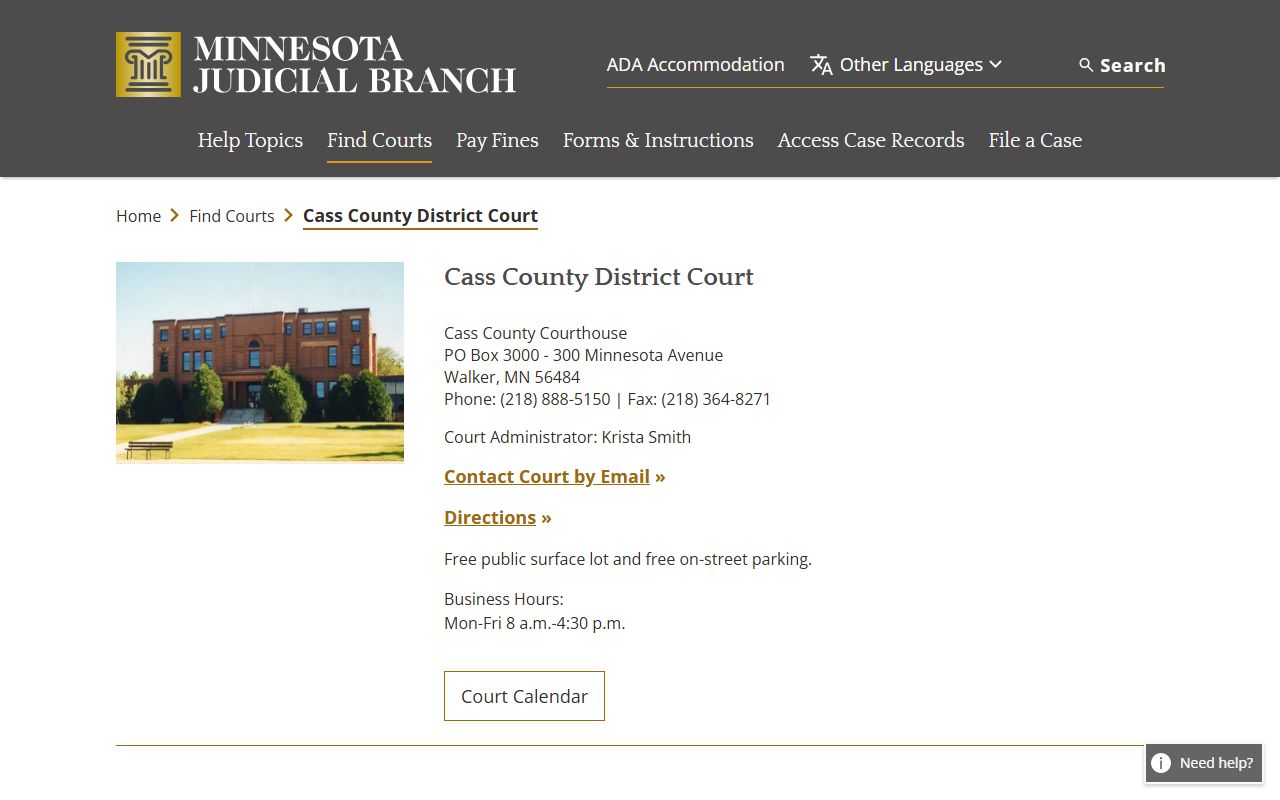 Cass County District Court information page for court records