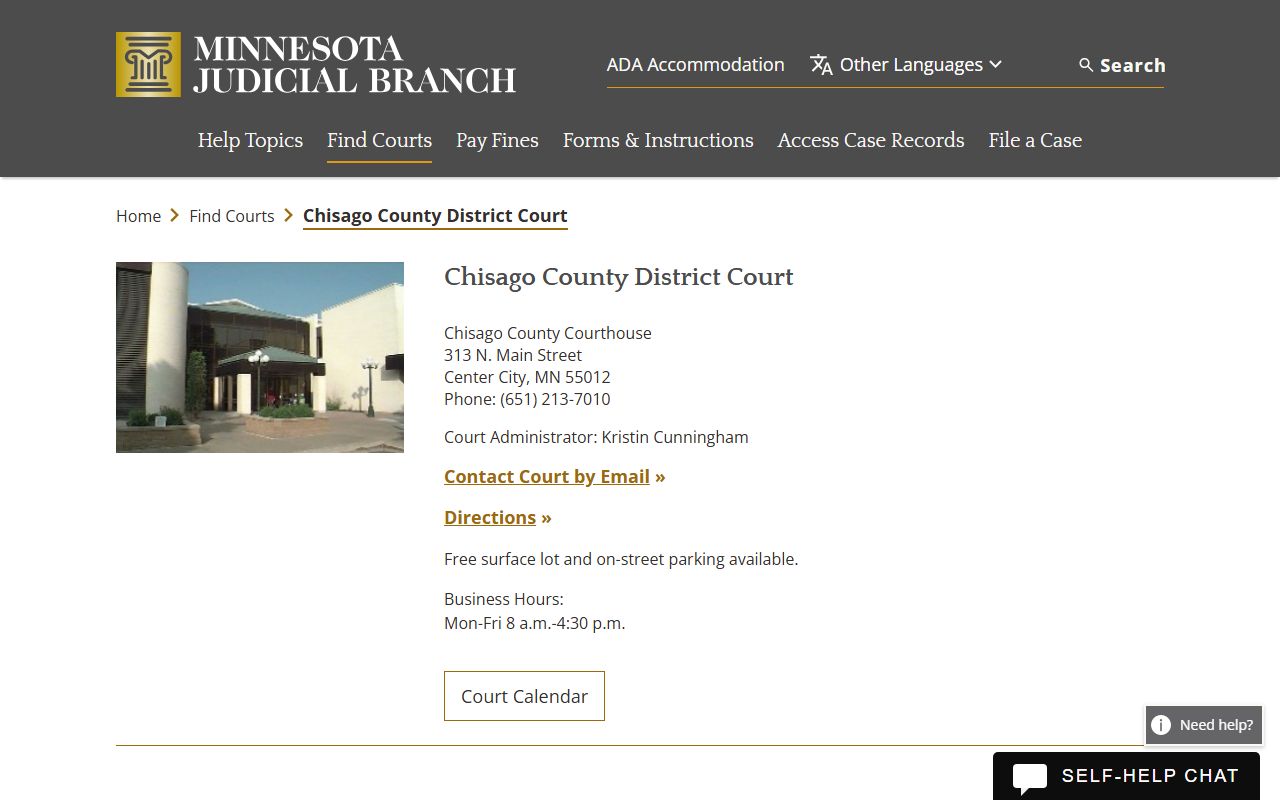 Chisago County District Court page with case records and resources