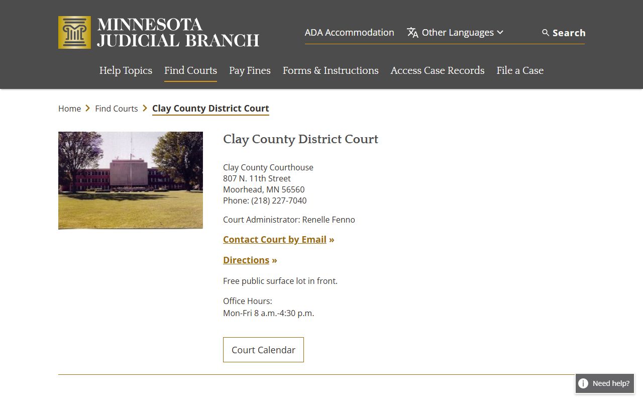 Clay County District Court information page for court records