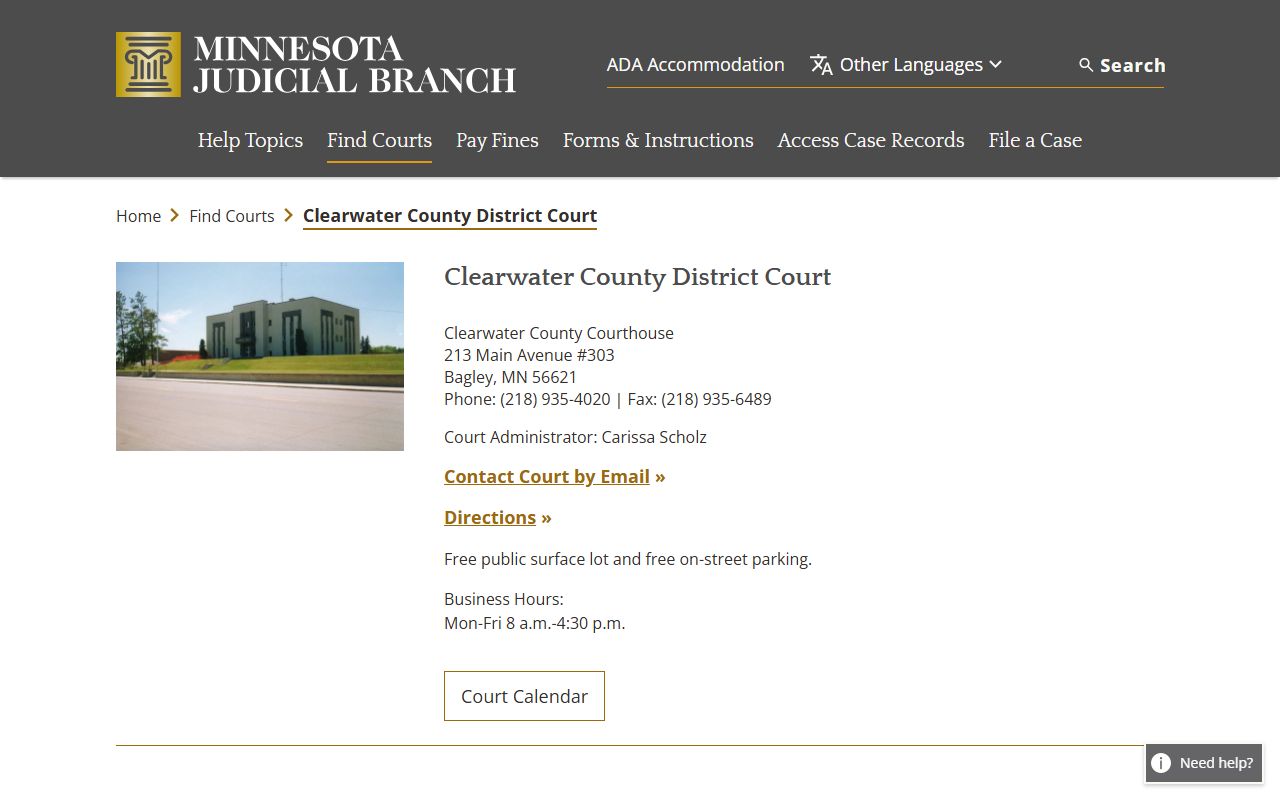 Clearwater County District Court page for accessing court records