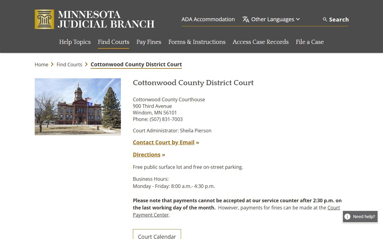 Cottonwood County District Court information page for court records