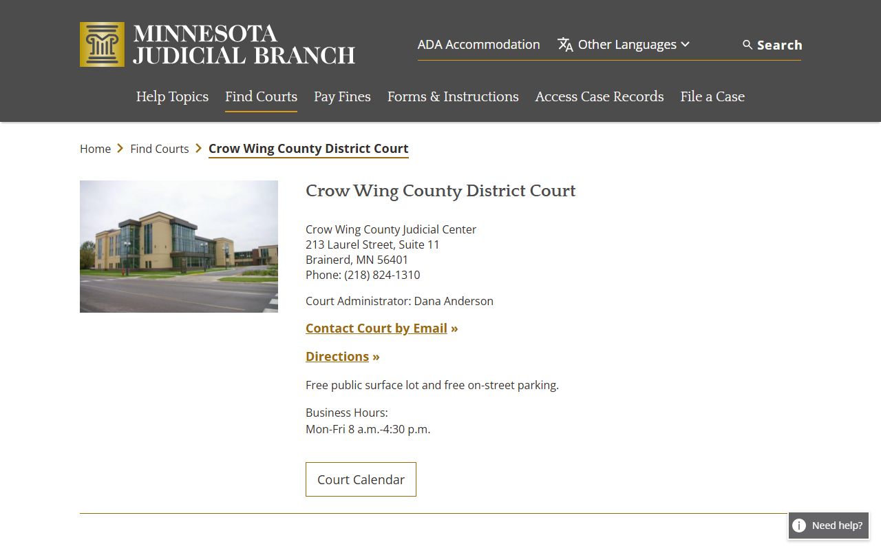 Crow Wing County District Court page for accessing court records