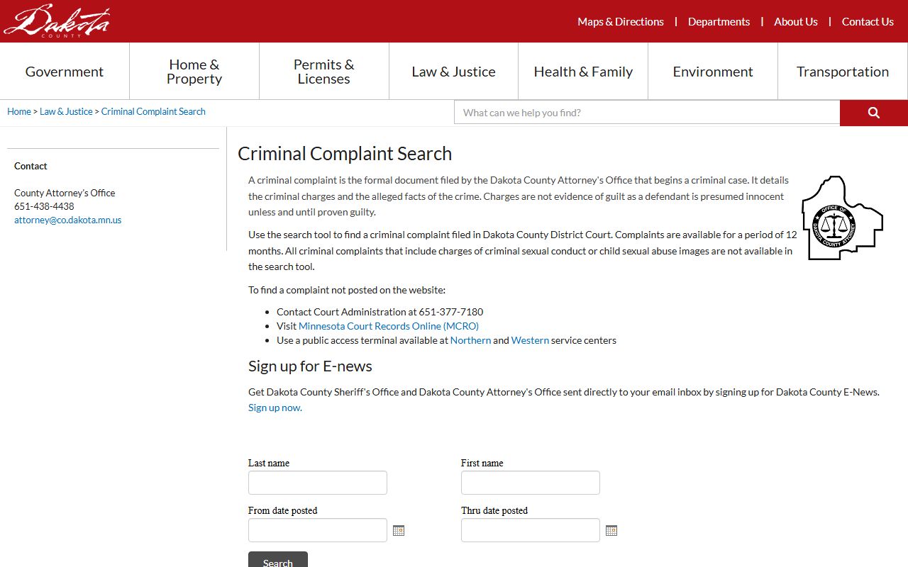 Dakota County criminal complaint search portal for court records