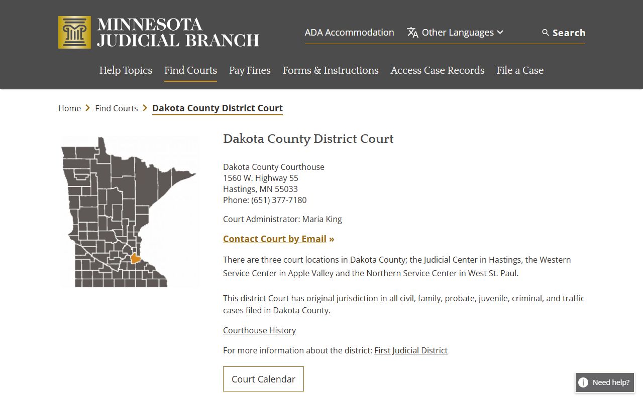 Dakota County District Court page for case records access