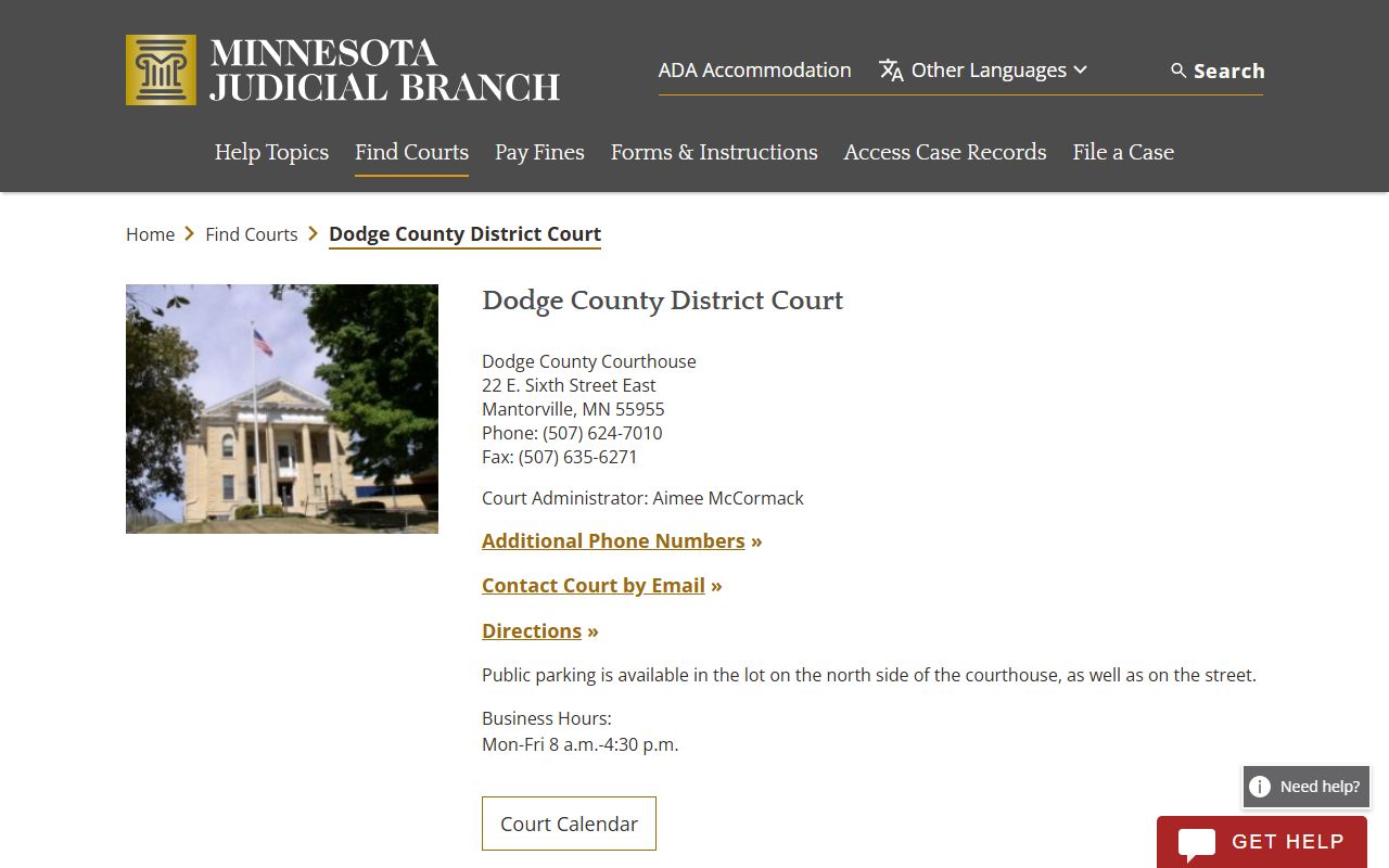 Dodge County District Court website showing court records access and courthouse information in Mantorville