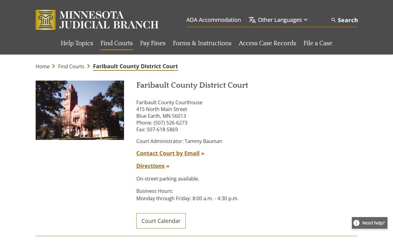 Faribault County District Court website showing court records access and contact information