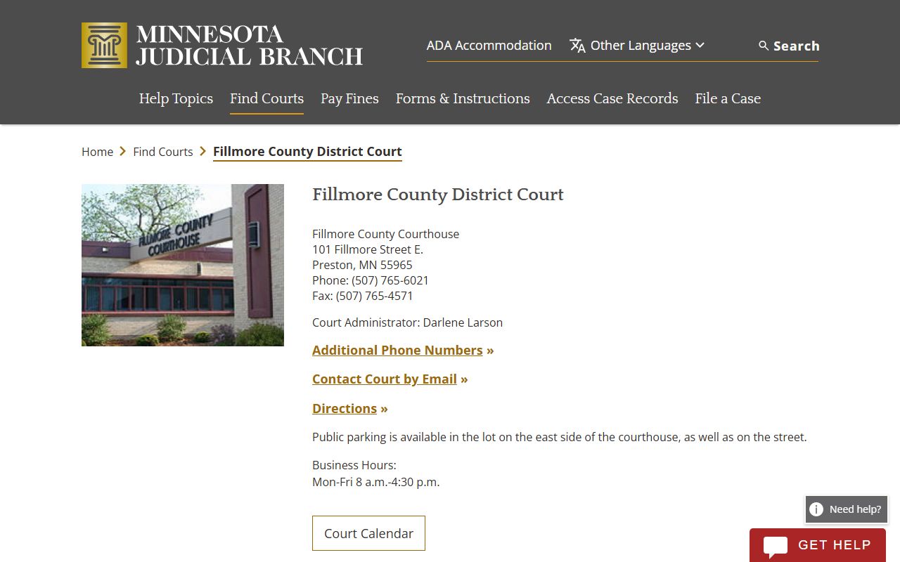 Fillmore County District Court website showing court records and case information for Preston Minnesota