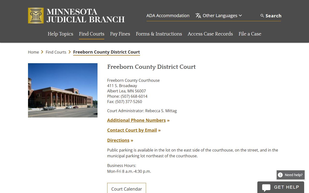 Freeborn County District Court website showing court records and case access for Albert Lea Minnesota