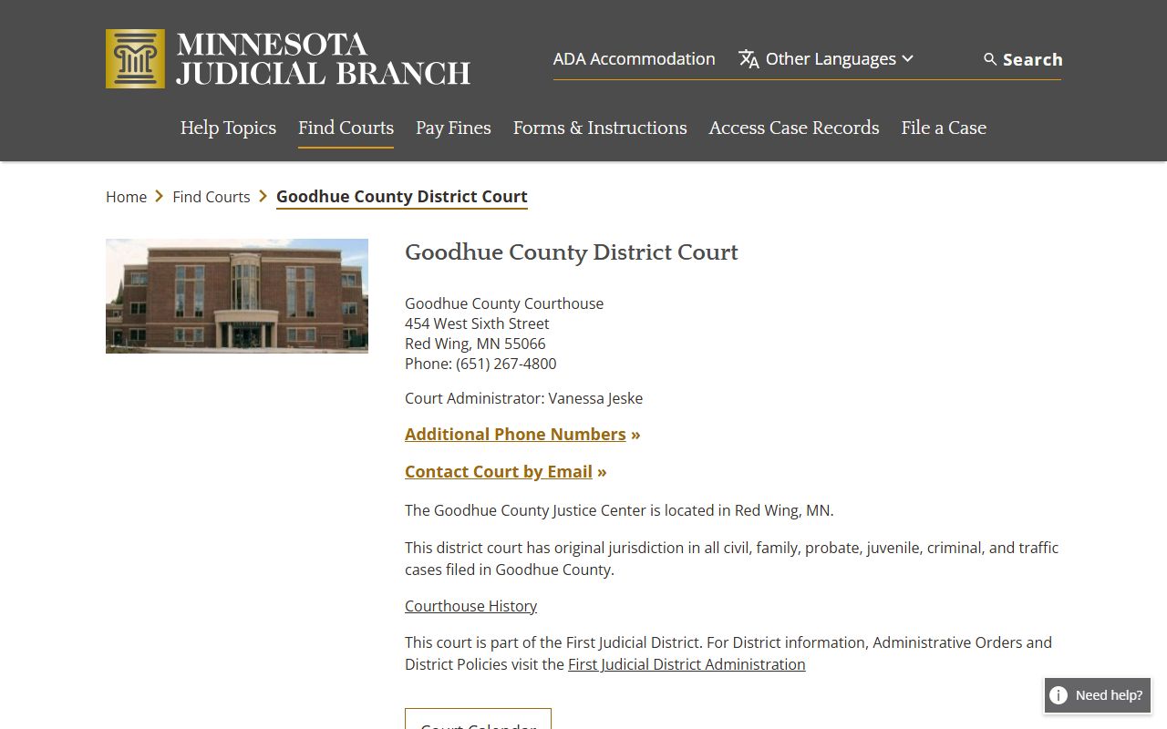 Goodhue County District Court website showing court records access and case information for Red Wing Minnesota