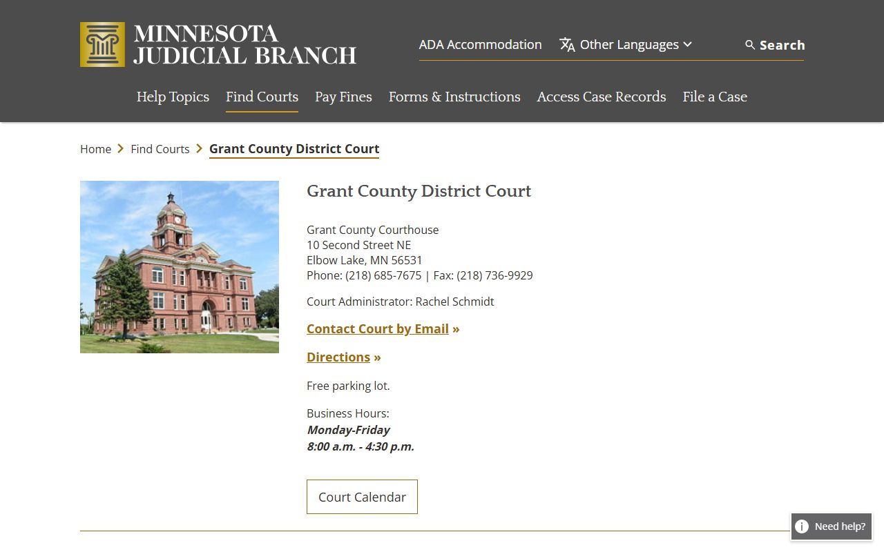 Grant County District Court website showing court information and records access for Elbow Lake Minnesota