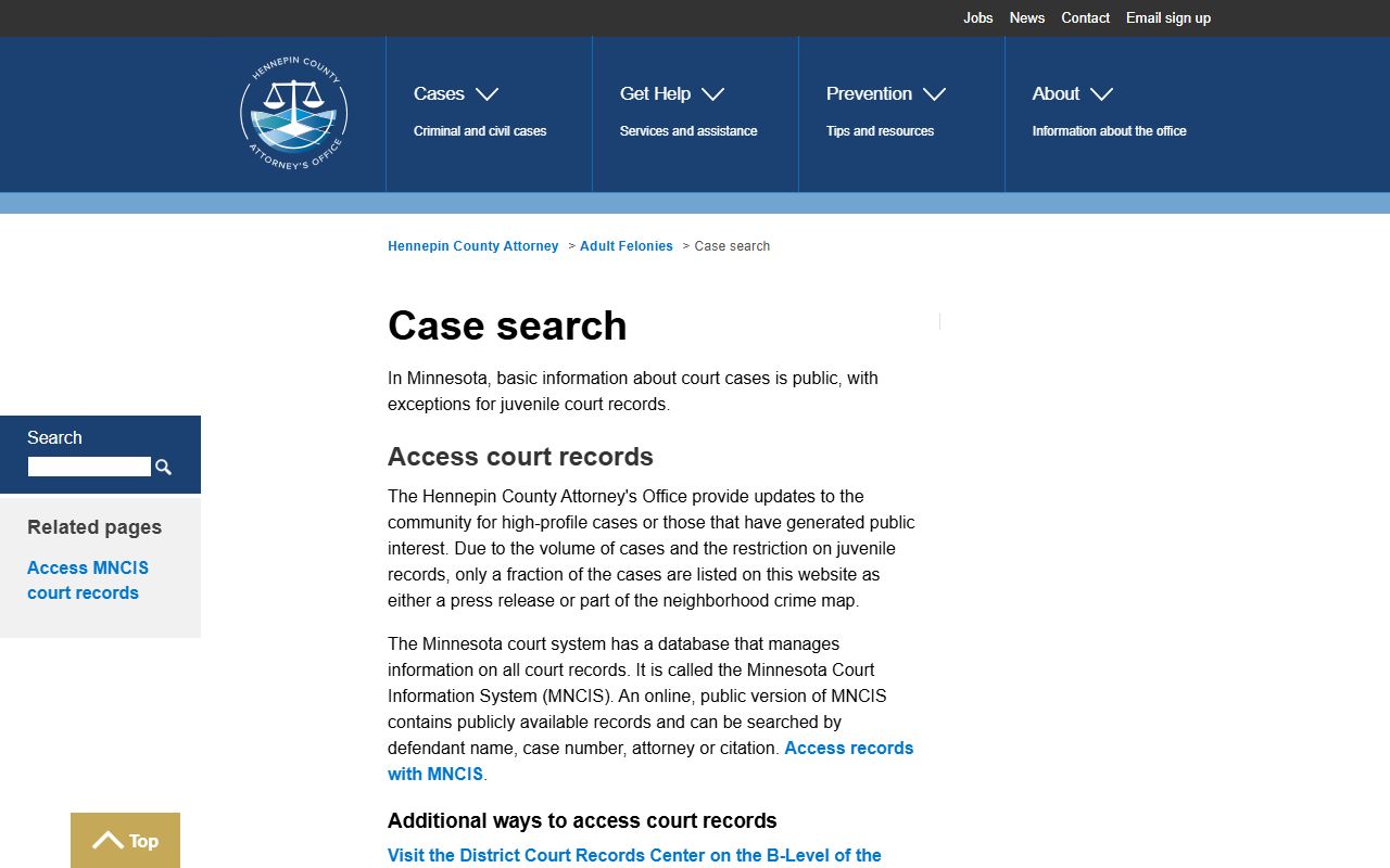 Hennepin County Attorney adult felony case search tool for looking up criminal cases in Minneapolis