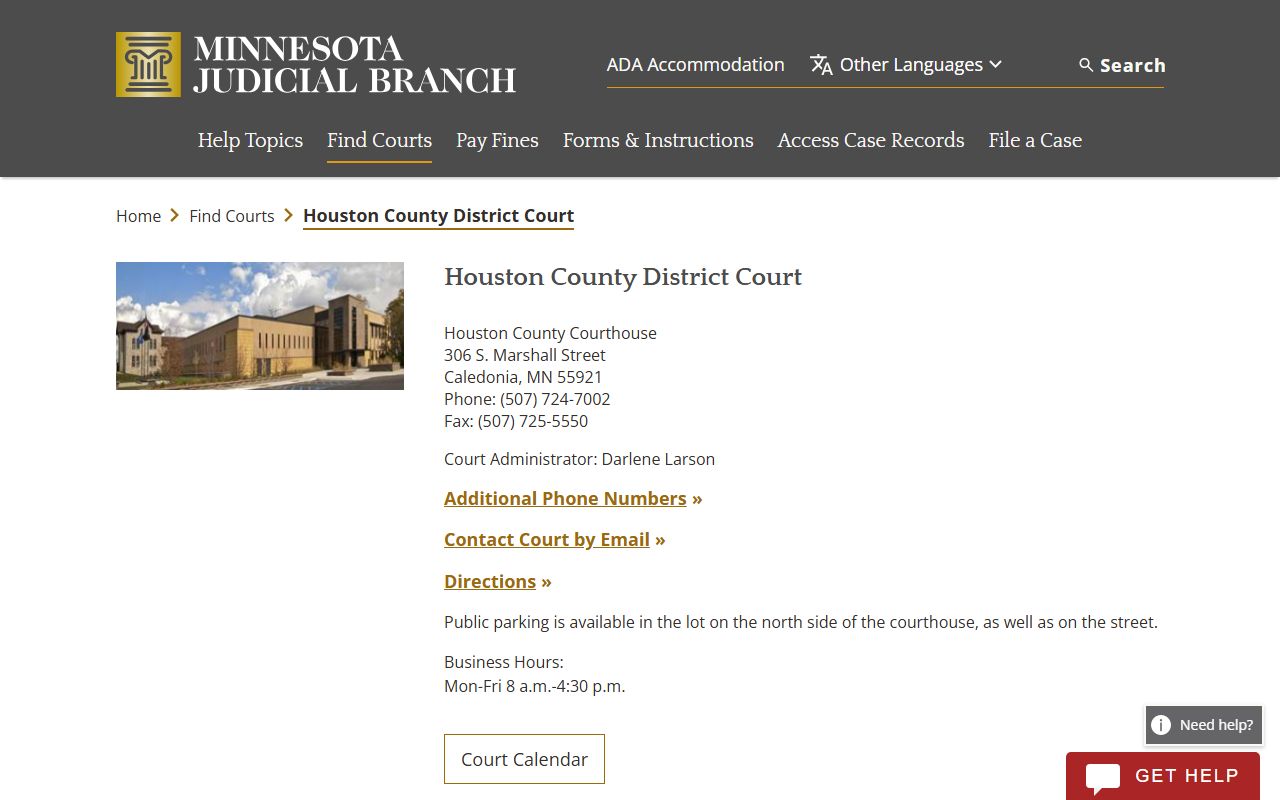 Houston County District Court website showing court records access and courthouse information in Caledonia