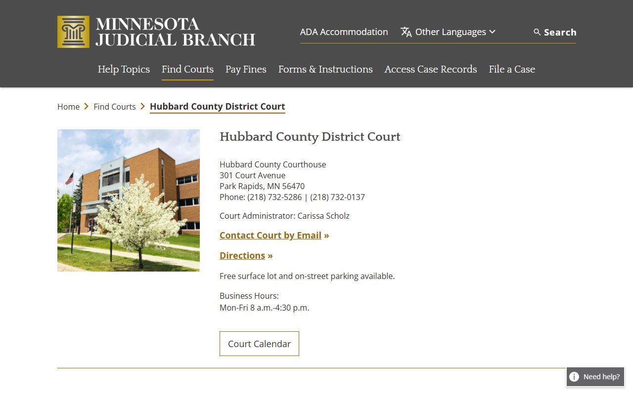 Hubbard County District Court website showing court records access and courthouse information in Park Rapids
