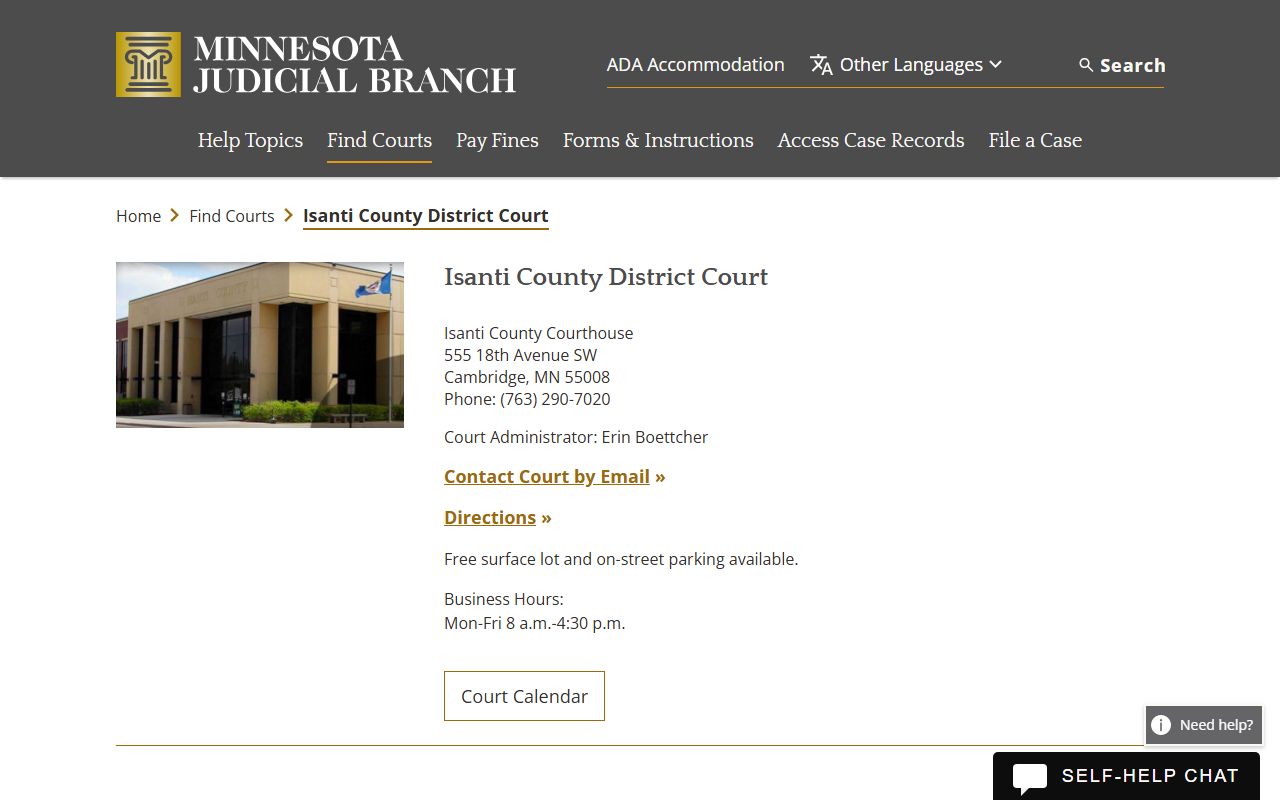Isanti County District Court website showing court records access and courthouse information in Cambridge Minnesota