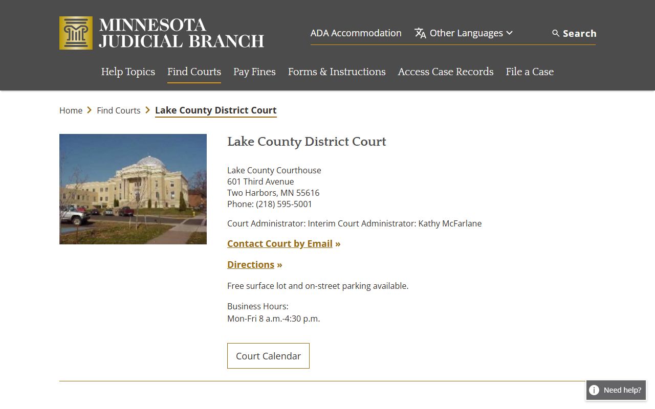 Lake County District Court website showing court records access and contact information in Two Harbors Minnesota