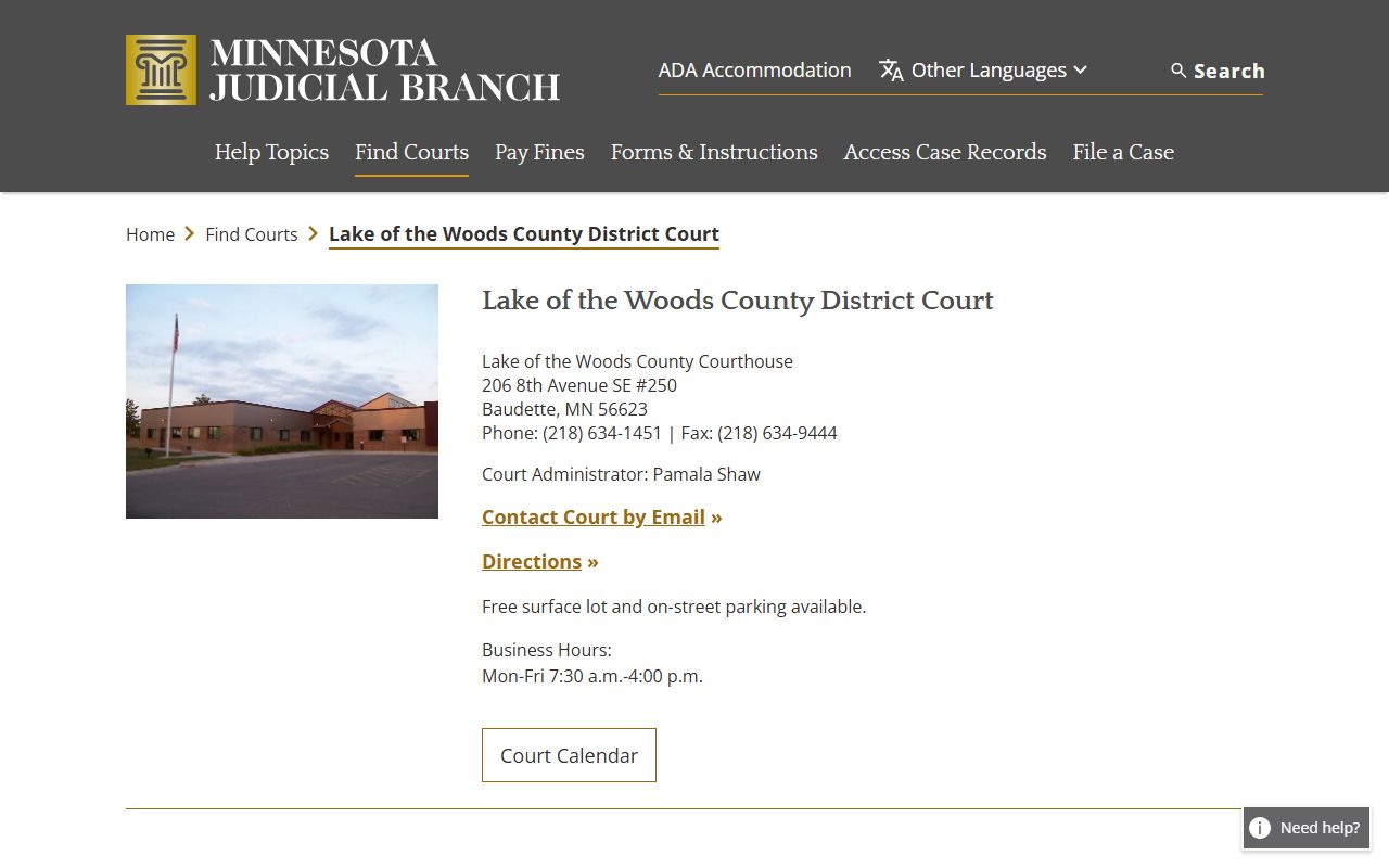 Lake of the Woods County District Court website showing court records access and contact information in Baudette Minnesota