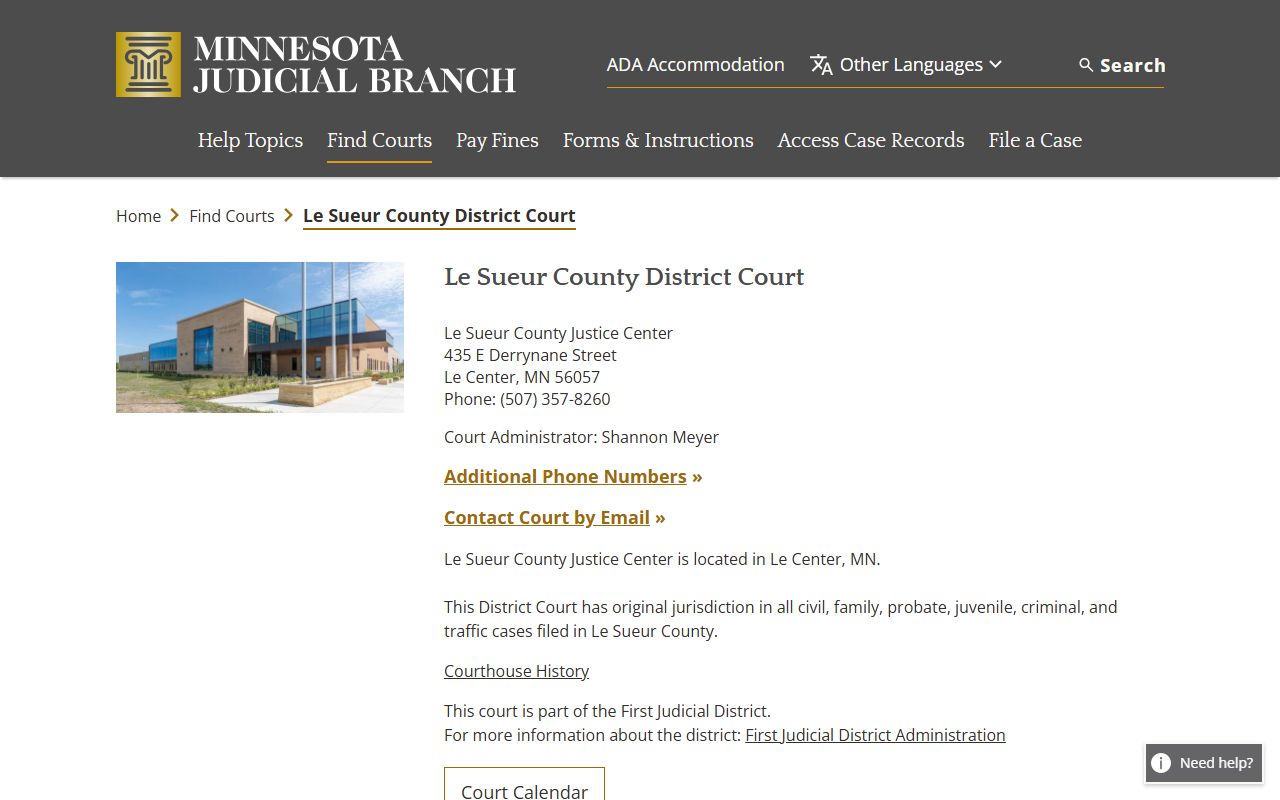 Le Sueur County District Court website showing case records access and court contact information in Le Center Minnesota