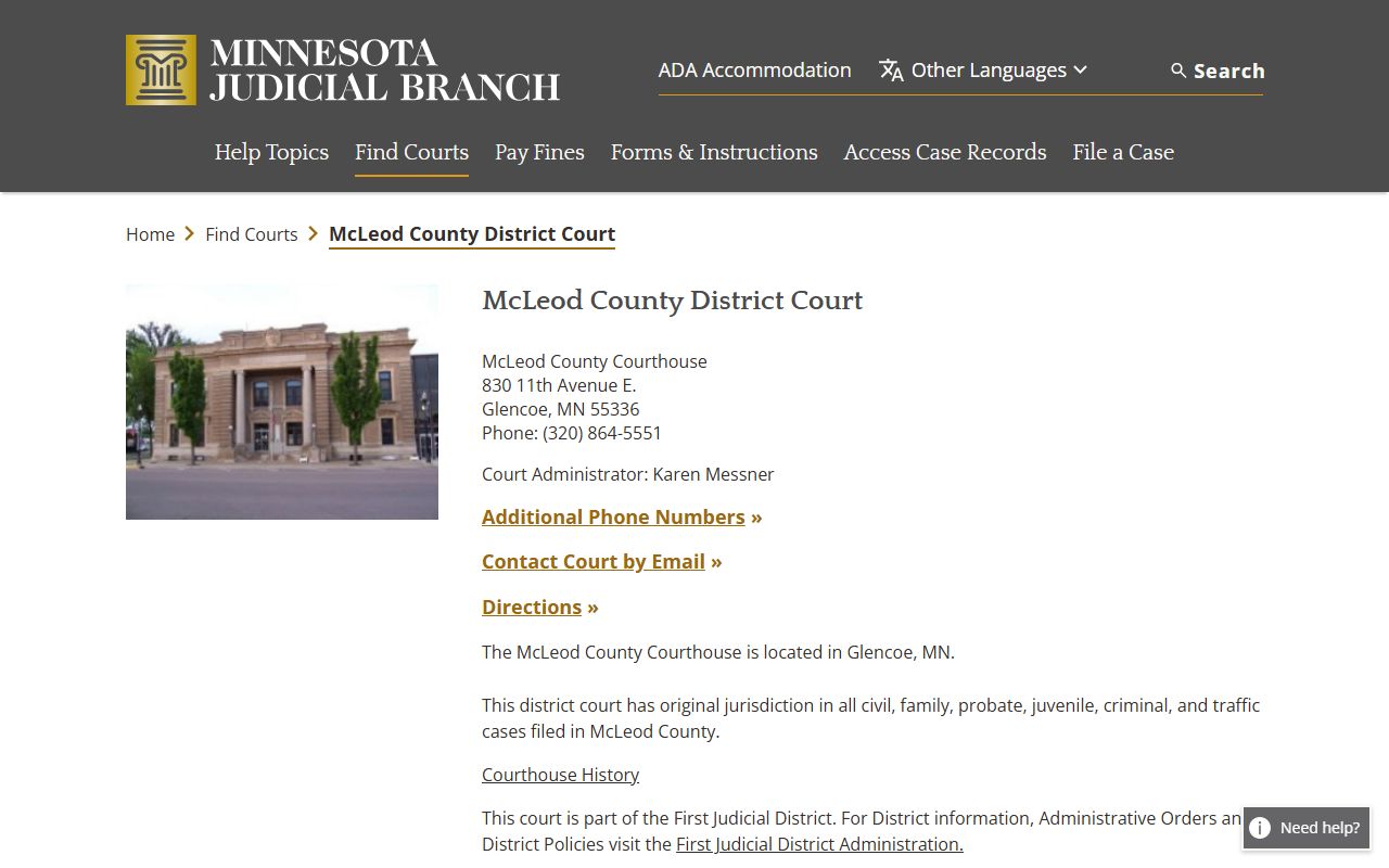 McLeod County District Court website showing court records access and contact information in Glencoe Minnesota
