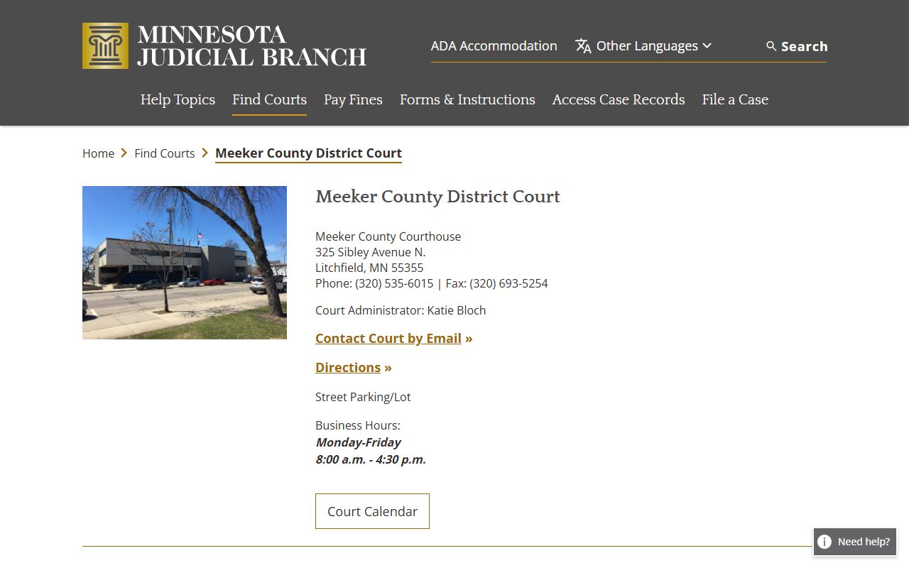 Meeker County District Court website showing court records access and contact information in Litchfield Minnesota