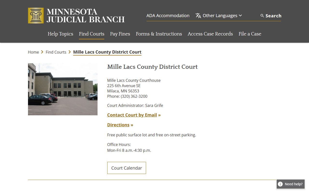 Mille Lacs County District Court website showing court records access and contact information in Milaca Minnesota