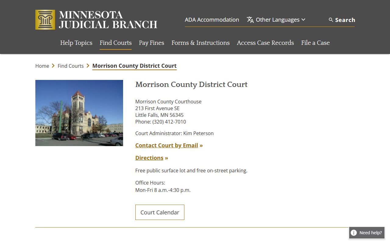 Morrison County District Court website showing court records access and contact information in Little Falls Minnesota