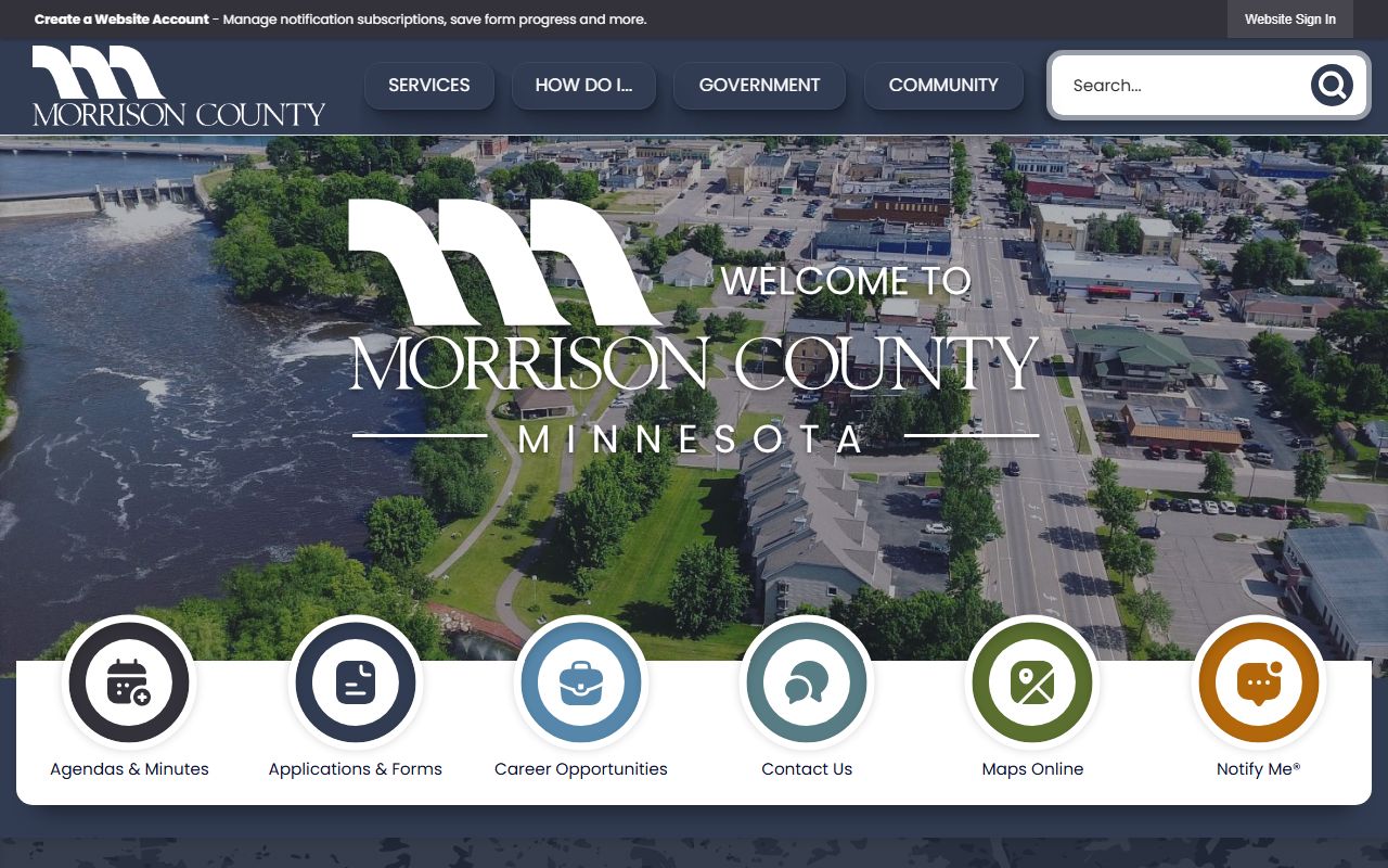 Morrison County government website showing county services and court-related departments in Little Falls Minnesota