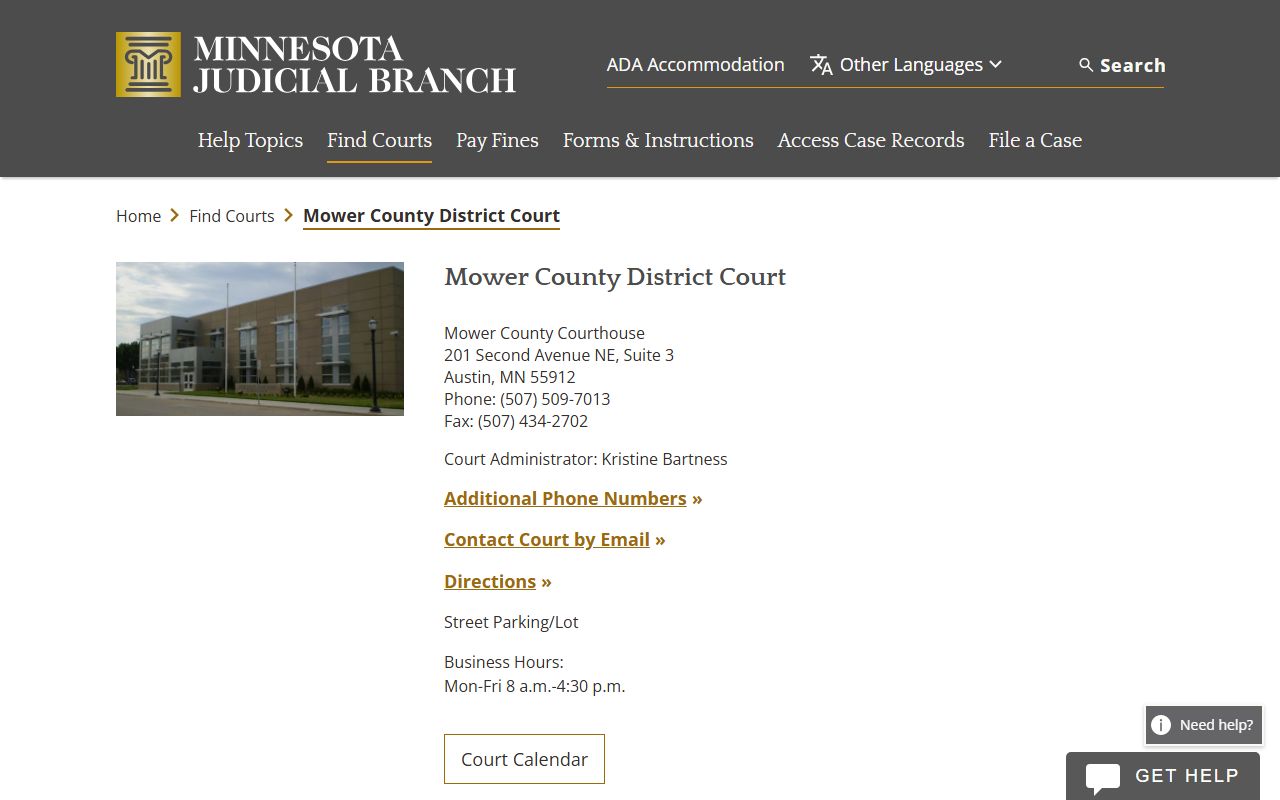 Mower County District Court website showing court records access and contact information in Austin Minnesota