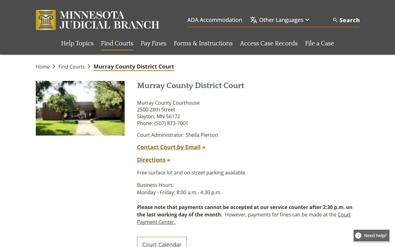 Murray County District Court page on Minnesota Judicial Branch website