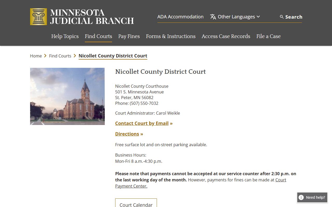 Nicollet County District Court page on Minnesota Judicial Branch website