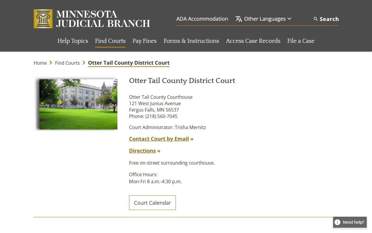 Otter Tail County District Court website showing court information and records access in Fergus Falls
