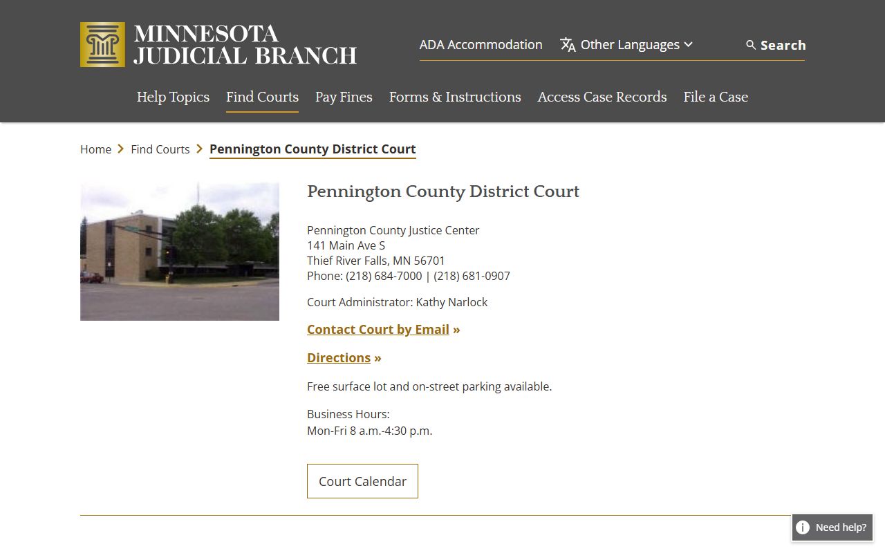 Pennington County District Court website showing court information and records access in Thief River Falls