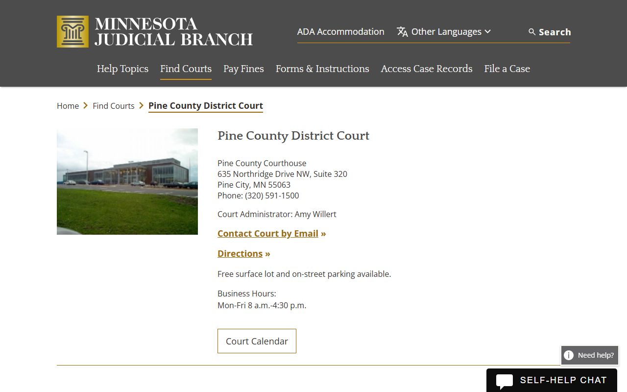 Pine County District Court website showing court information and records access in Pine City