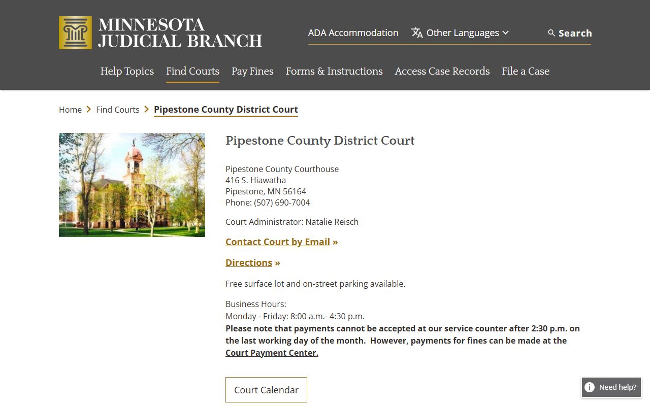 Pipestone County District Court website showing court information and records access in Pipestone Minnesota