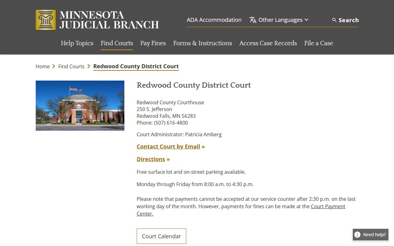 Redwood County District Court page at mncourts.gov
