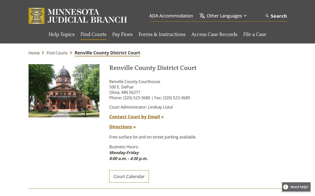 Renville County District Court page at mncourts.gov