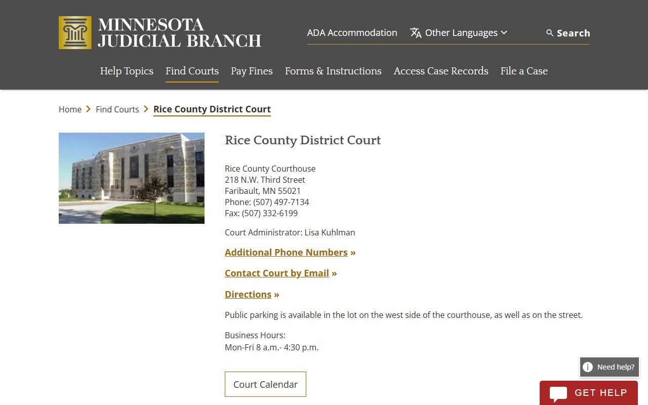 Rice County District Court page at mncourts.gov