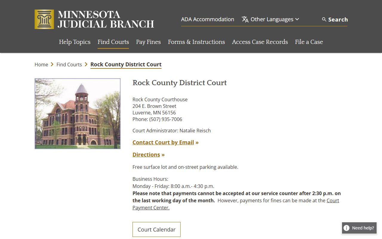Rock County District Court website showing court records access and case information for Rock County Minnesota