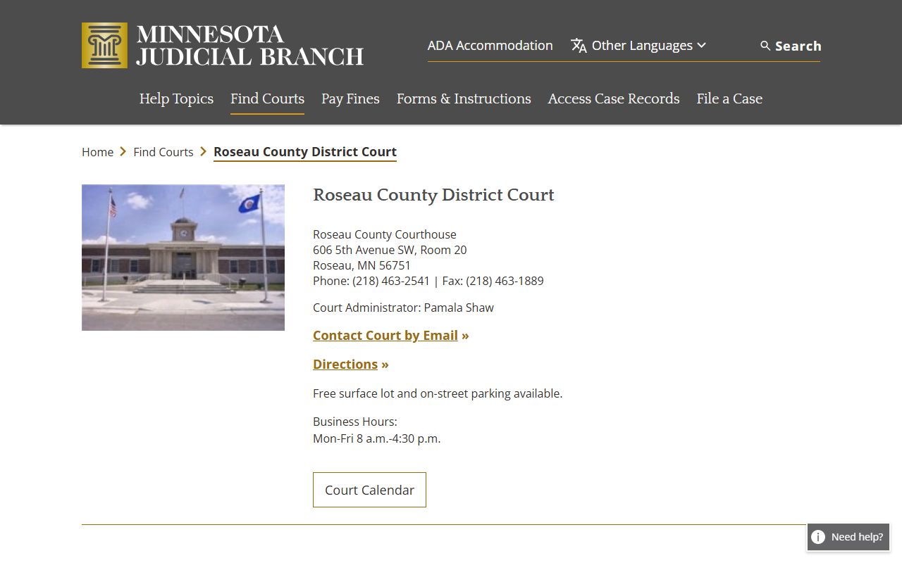 Roseau County District Court website showing court records access and case information for Roseau County Minnesota