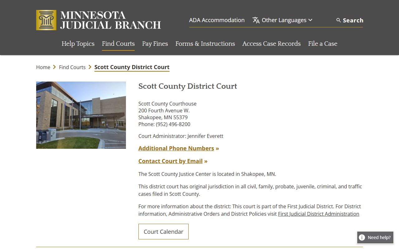 Scott County District Court website showing court records access and case information for Scott County Minnesota