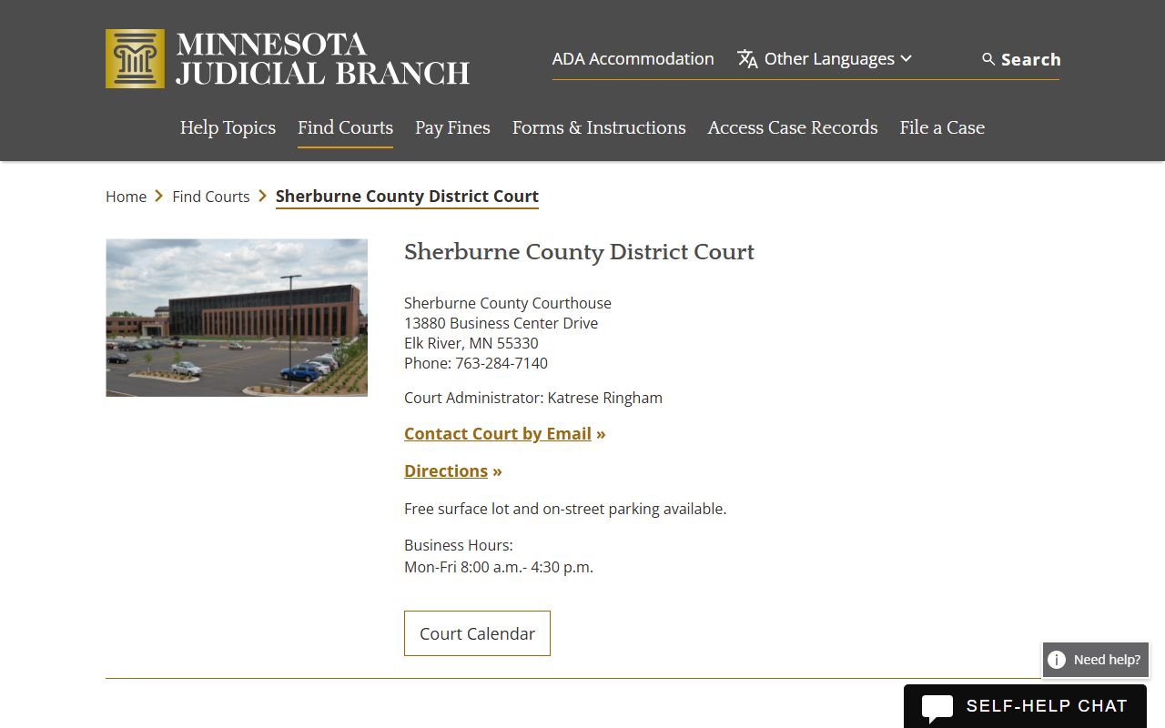 Sherburne County District Court website showing court records access and case information for Sherburne County Minnesota