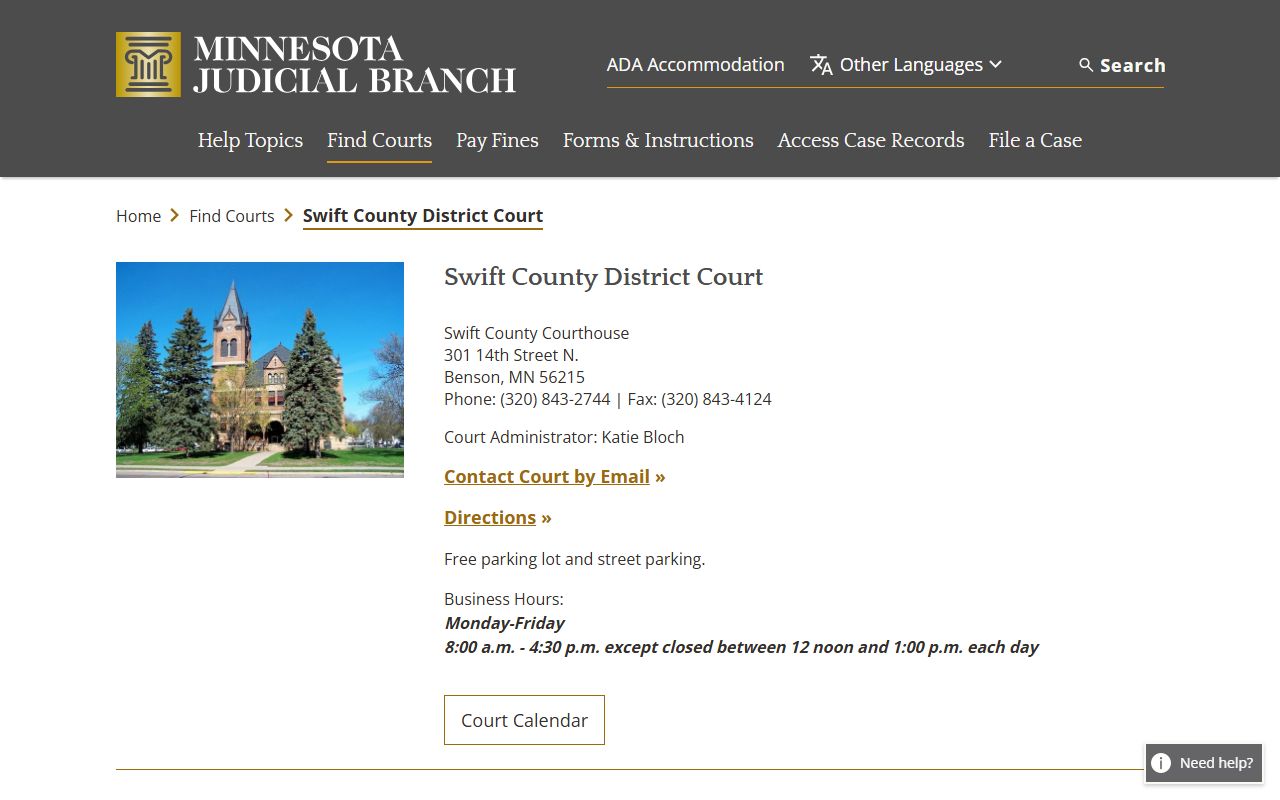 Swift County District Court website showing case records access and court information in Benson Minnesota
