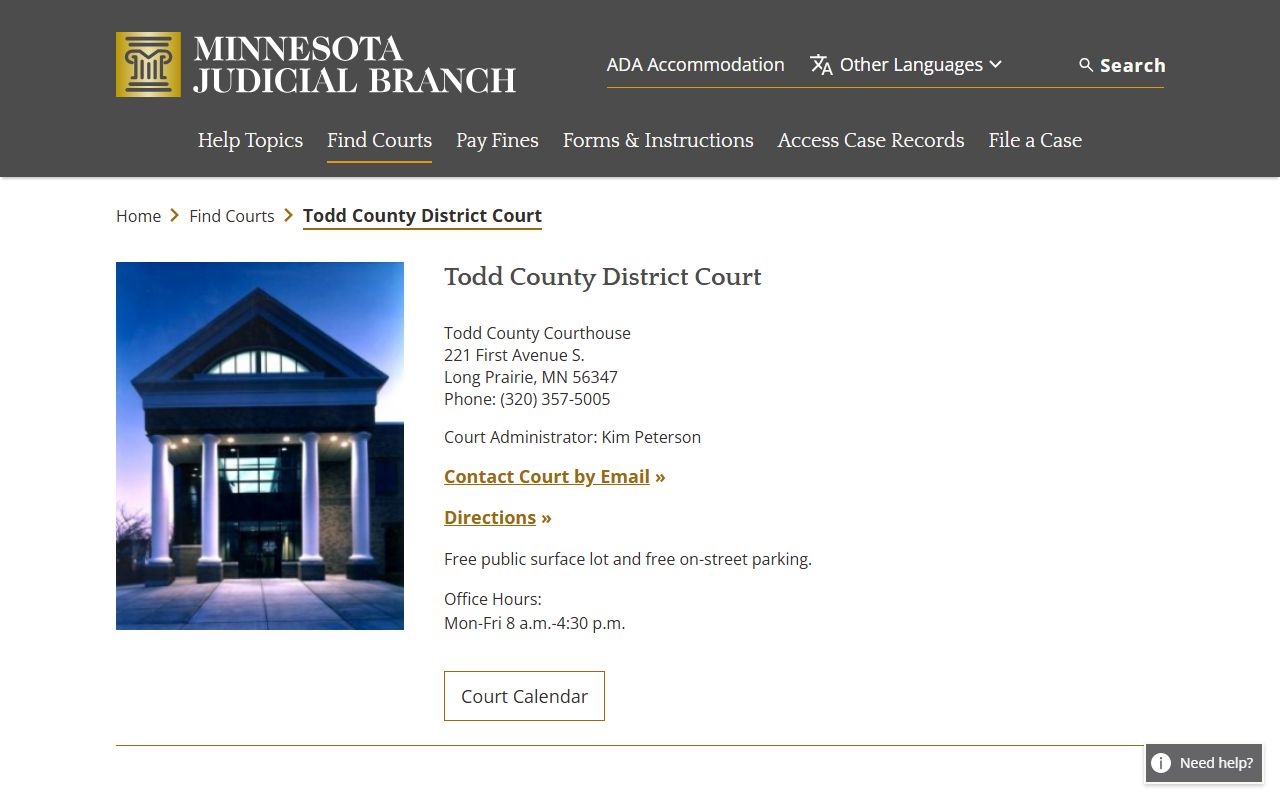 Todd County District Court website showing case records access and court information in Long Prairie Minnesota